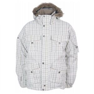 PLANET EARTH Men's Snowboard Coat Large White Checkered Ski Jacket Faux Fur Hood
